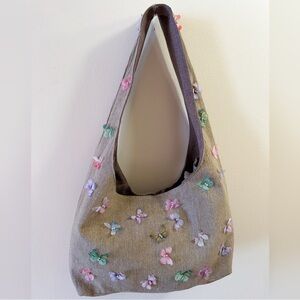 Handmade Tan Denim Tea Dyed Hand-Sewn Embroidered Butterflies Shoulder Bag